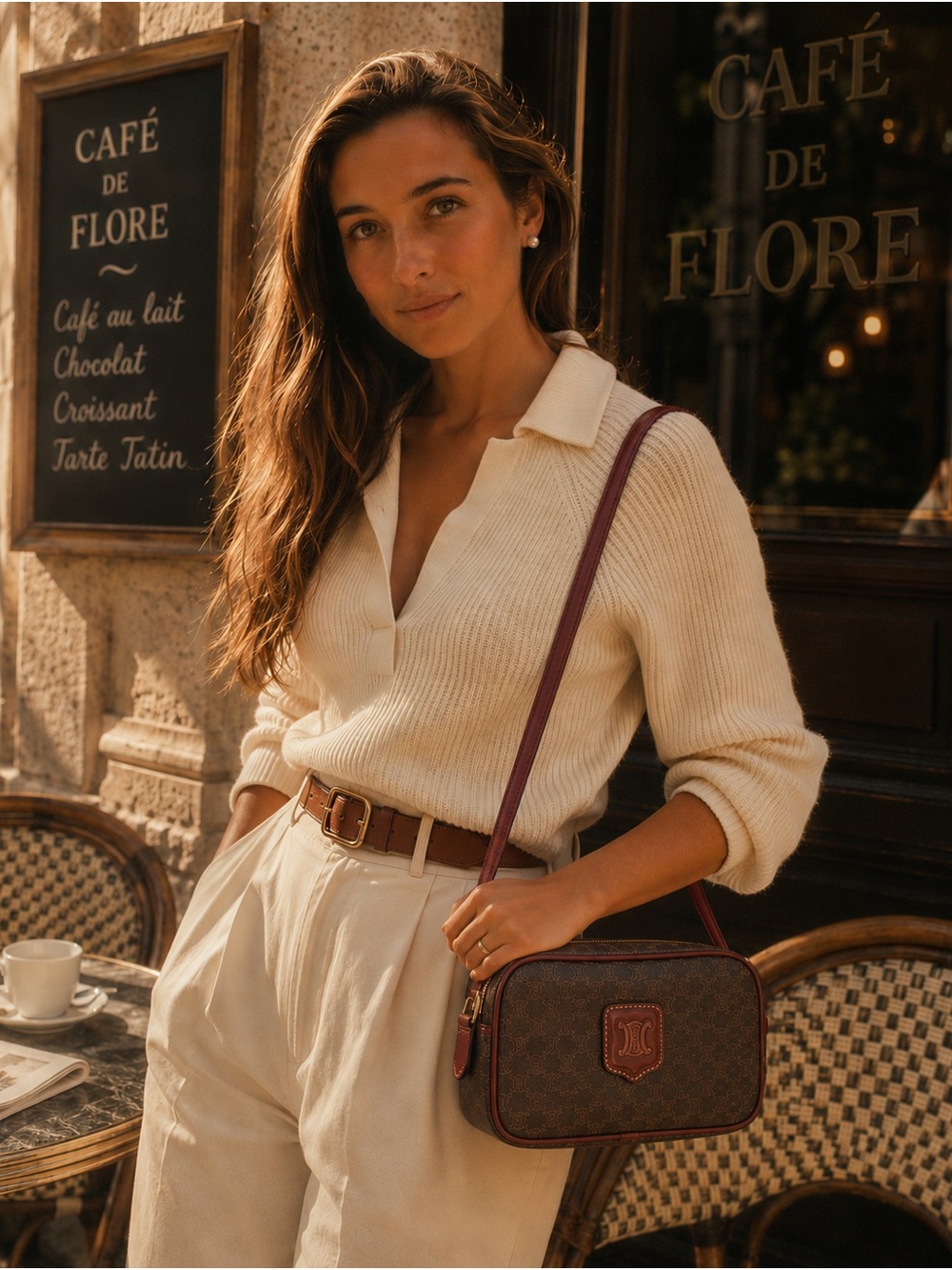Authentic Vintage Celine Brown Macadam Camera Crossbody Bag with Burgundy Trim